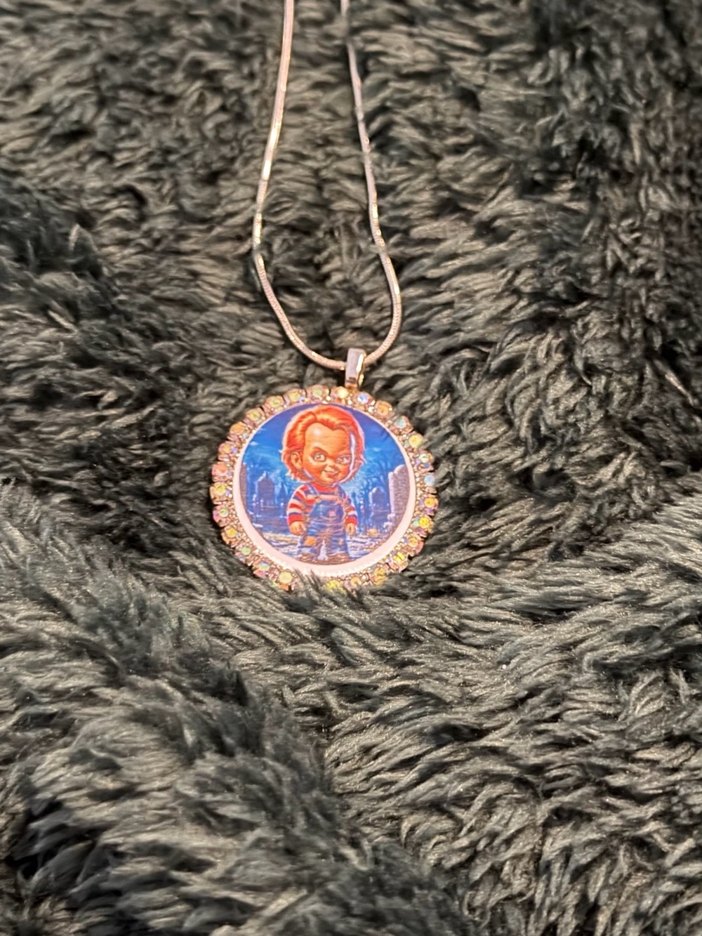 Pink Crystal-Trim Round Pendant Necklace with Character Artwork